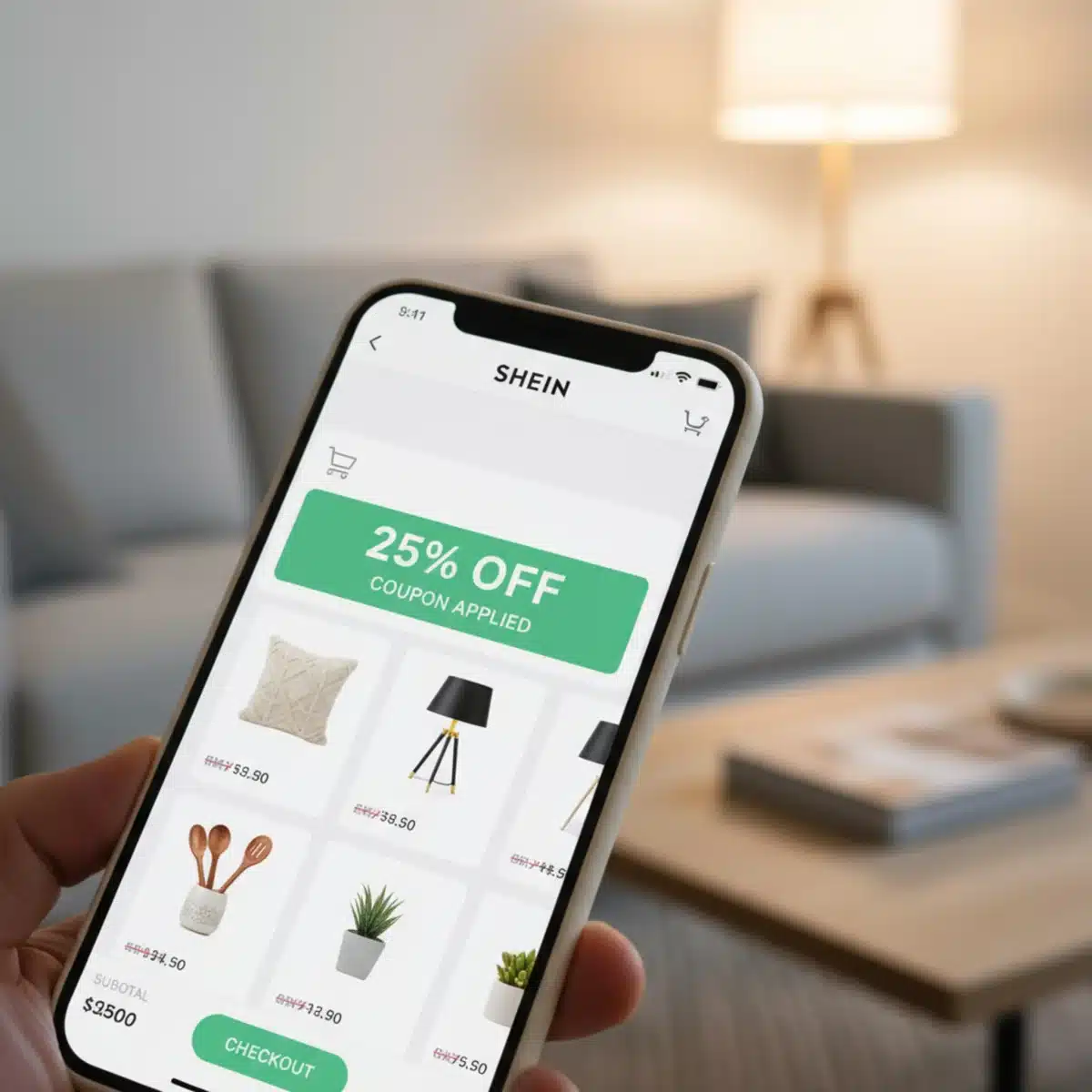 Pantalla de móvil mostrando la aplicación de SHEIN con un cupón del 25% aplicado a productos de hogar.
