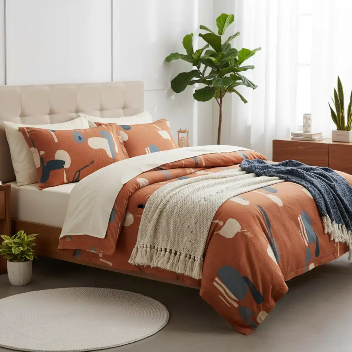 Dormitorio decorado con nuevos textiles de hogar de SHEIN, incluyendo juego de funda nórdica, almohadas y camino de cama, creando un ambiente armonioso.