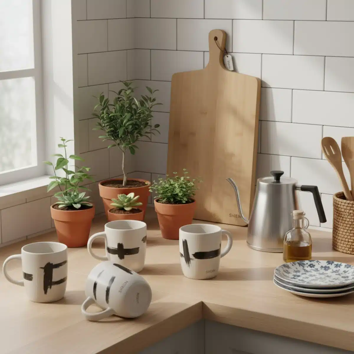 Encimera de cocina organizada con menaje y decoración elegante de SHEIN.