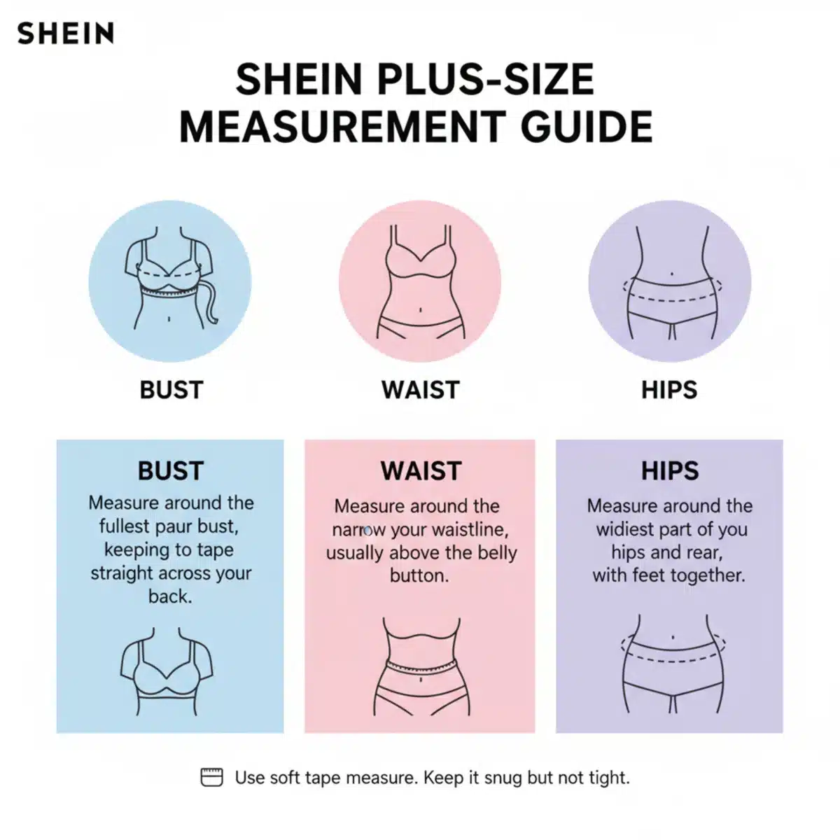 Guía de tallas de SHEIN para ropa de tallas grandes, con instrucciones claras para medir busto, cintura y caderas.