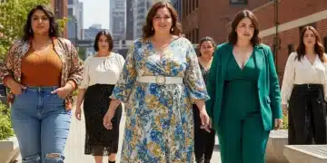 Mujeres sonrientes vistiendo ropa moderna y cómoda de SHEIN tallas grandes en un entorno urbano.