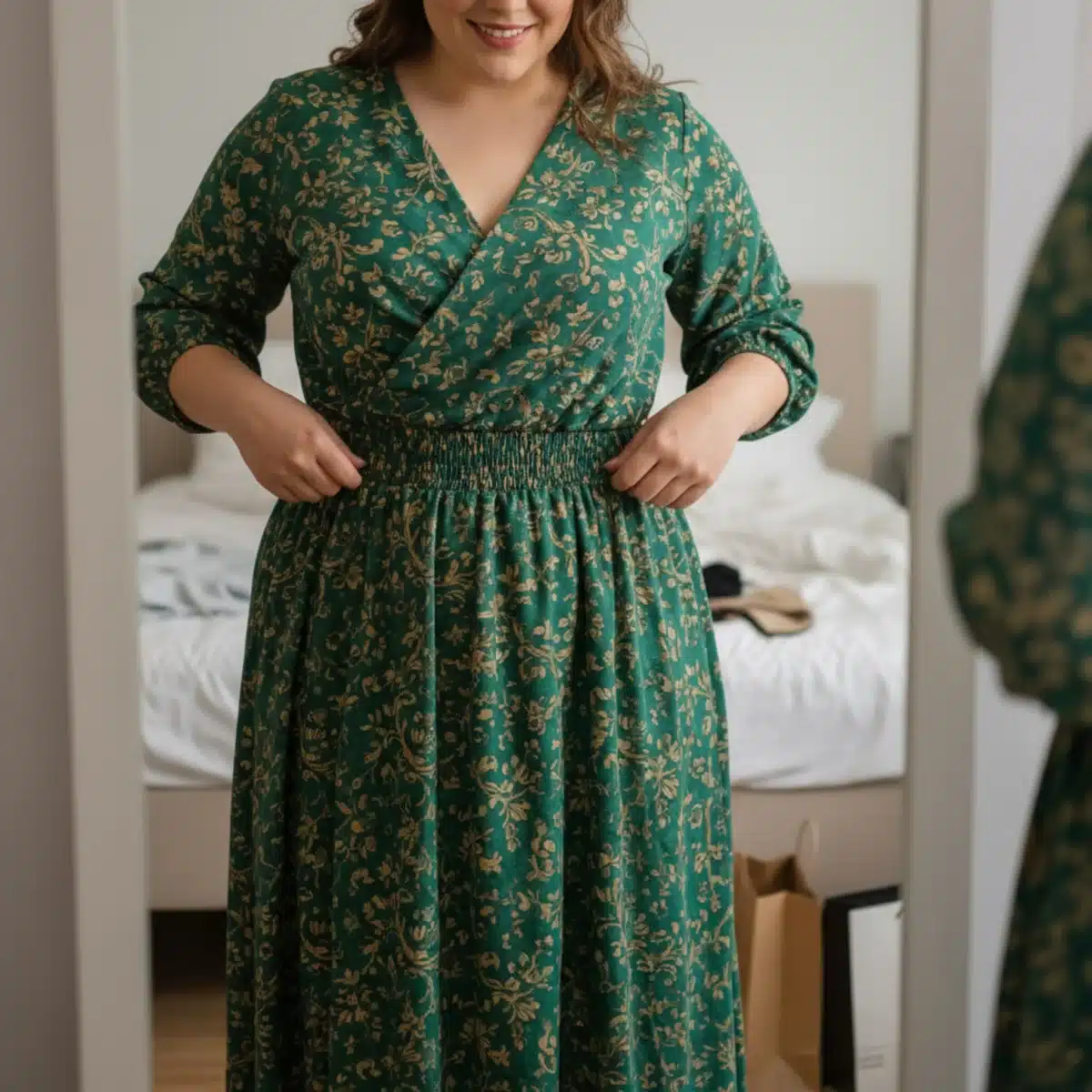 Mujer probándose un vestido de SHEIN tallas grandes, observando el ajuste y la caída de la tela.