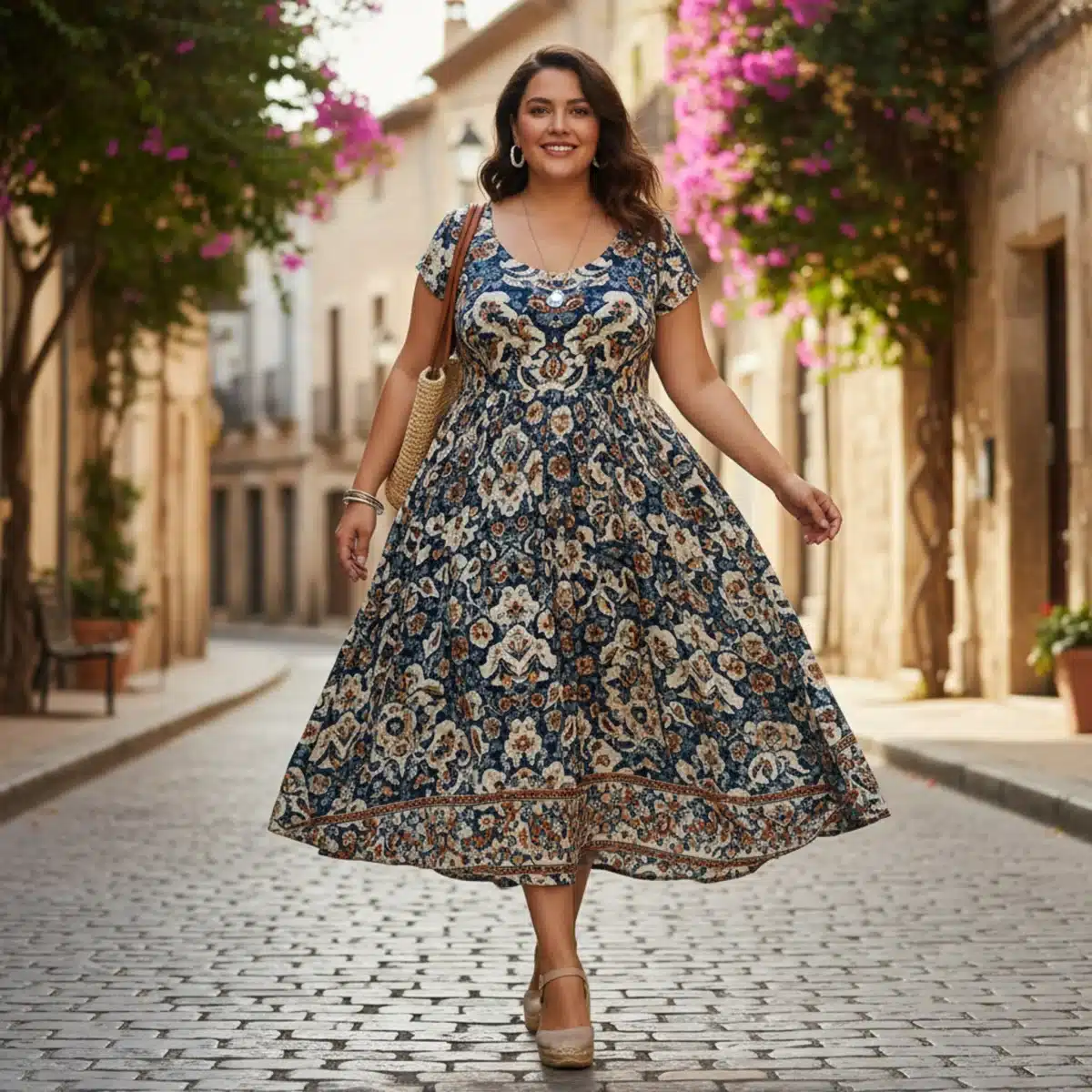 Mujer con cuerpo tipo pera vistiendo un vestido SHEIN de corte A, elegante y cómodo.