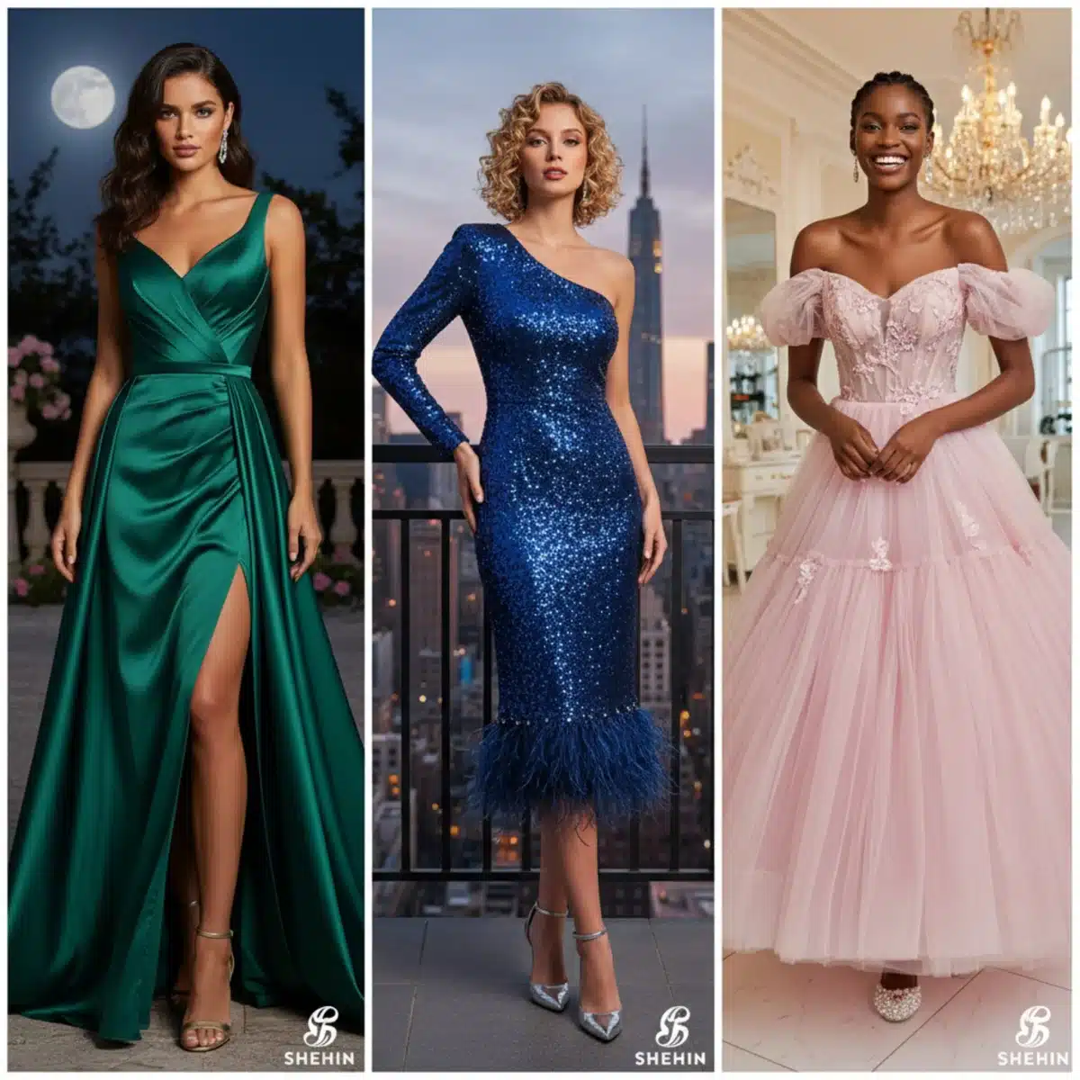 Collage de tres mujeres con diferentes vestidos de fiesta de SHEIN, destacando la versatilidad de estilos.