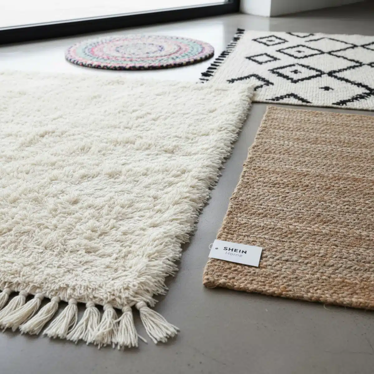 Variedad de texturas y patrones de alfombras SHEIN, incluyendo shag y fibras naturales.