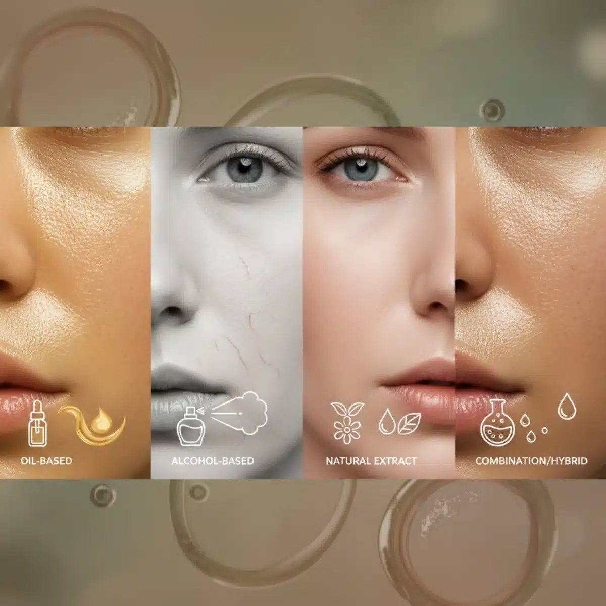Ilustración de diferentes tipos de piel (grasa, seca, normal) y su relación con la absorción de perfumes.