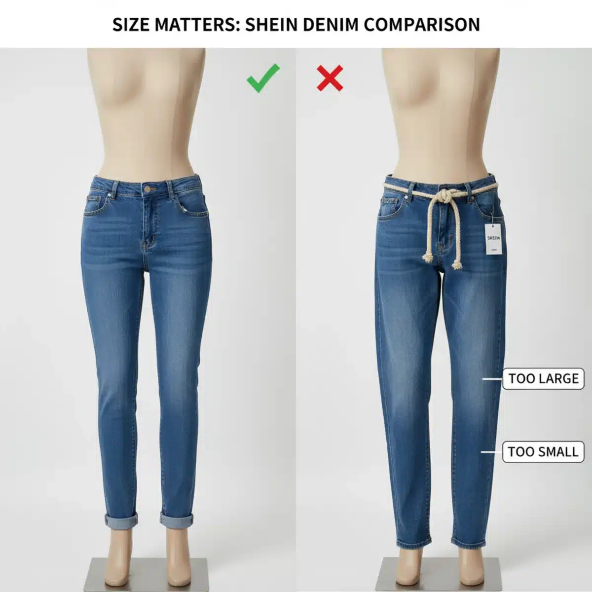 Comparación visual de vaqueros SHEIN bien ajustados y mal ajustados en maniquíes, destacando la importancia de la talla correcta.