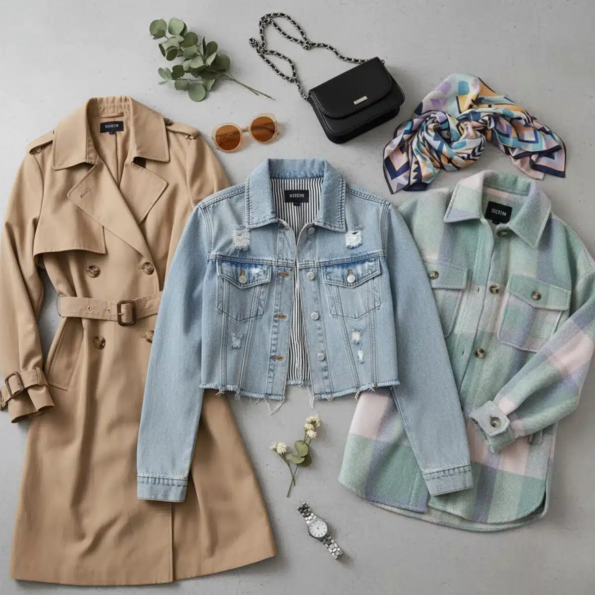 Selección de chaquetas SHEIN para 2025, incluyendo denim recortada y gabardina, dispuestas con accesorios para mostrar versatilidad.