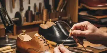 Zapatero cosiendo la suela de un zapato de cuero en su taller, con herramientas de reparación de calzado.