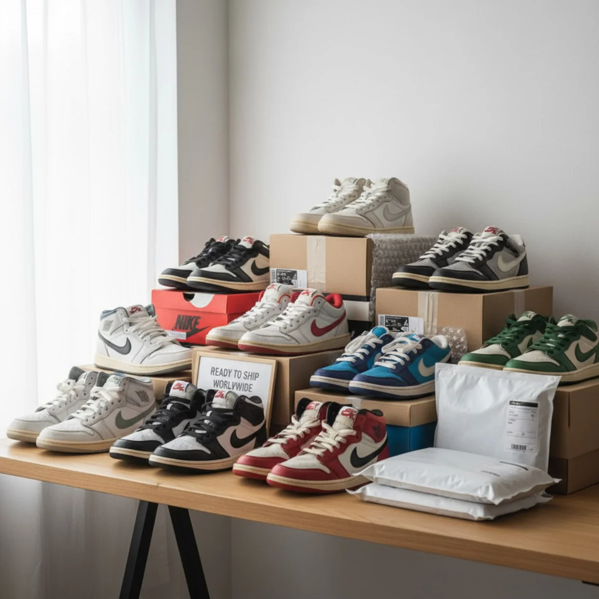 Zapatillas de segunda mano cuidadosamente embaladas y listas para envío, destacando el proceso de venta online.