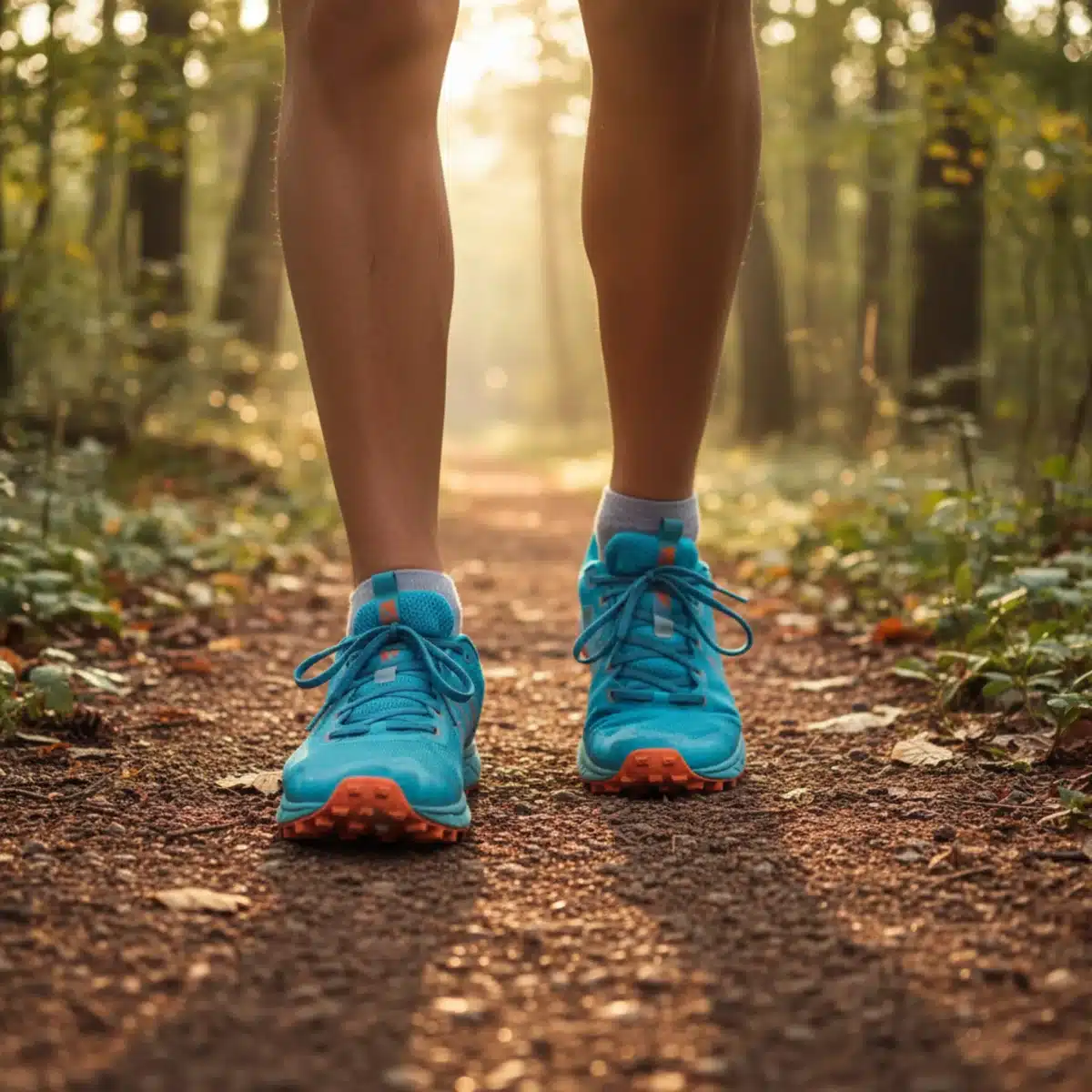 Pies con zapatillas de trail running en un sendero forestal soleado.