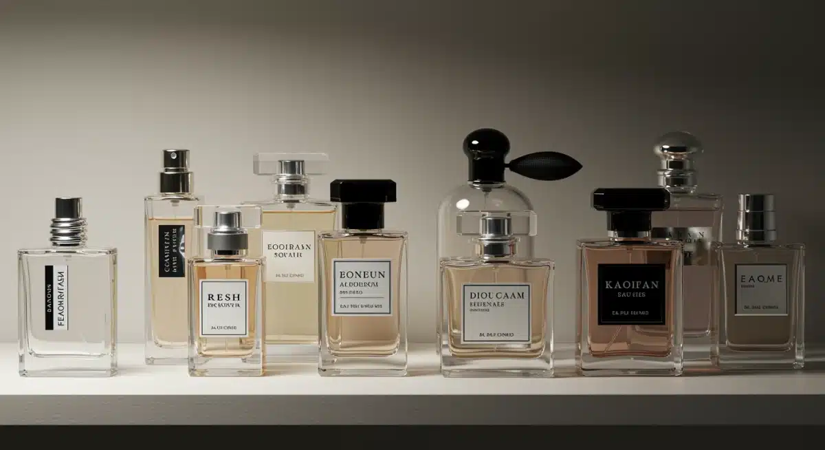 Colección de frascos de perfume variados en una estantería minimalista, ilustrando la diversidad de las tendencias de fragancias masculinas.