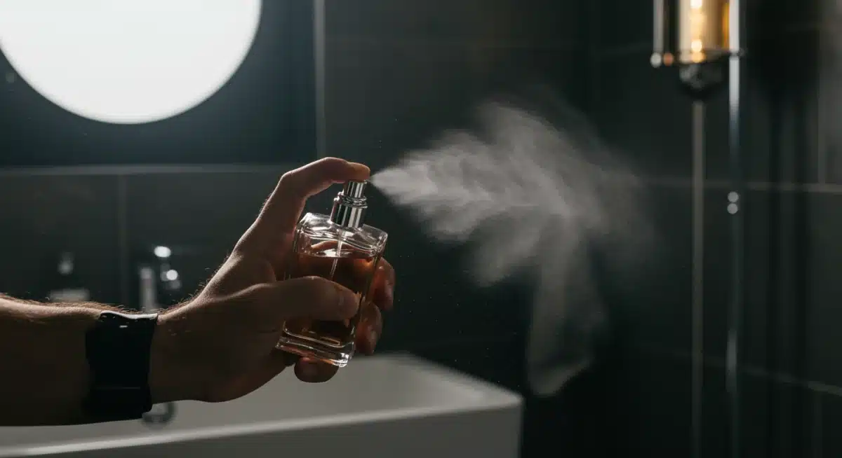 Hombre aplicando un perfume con notas amaderadas o especiadas, en un entorno elegante, destacando el ritual de la fragancia.