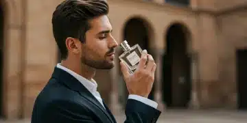 Hombre elegante probando un perfume de lujo, con un fondo arquitectónico español, simbolizando las nuevas tendencias en fragancias masculinas.