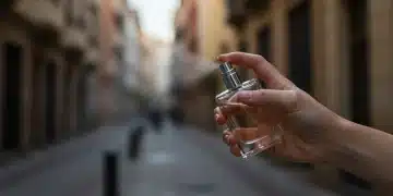 Perfumes Unisex 2026: Comparativa Exclusiva en España Mano aplicando un perfume unisex moderno con un fondo urbano español difuminado.