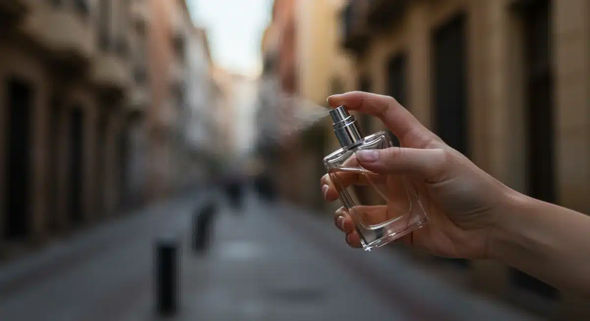 Mano aplicando un perfume unisex moderno con un fondo urbano español difuminado.