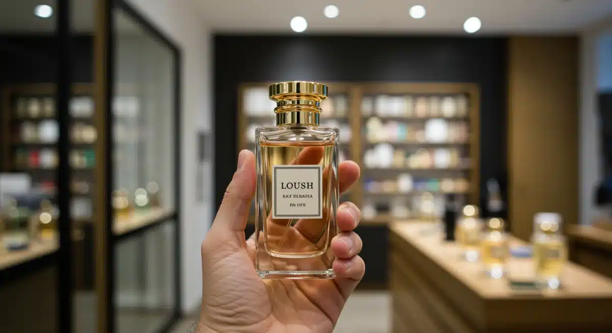 Mano sosteniendo una botella de perfume nicho de diseño exclusivo en una boutique española moderna.