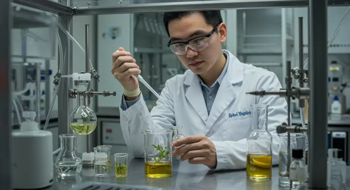 Científica investigando extractos botánicos y moléculas sintéticas para nuevas fragancias