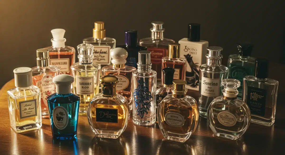 Colección de botellas de perfume variadas en un tocador.