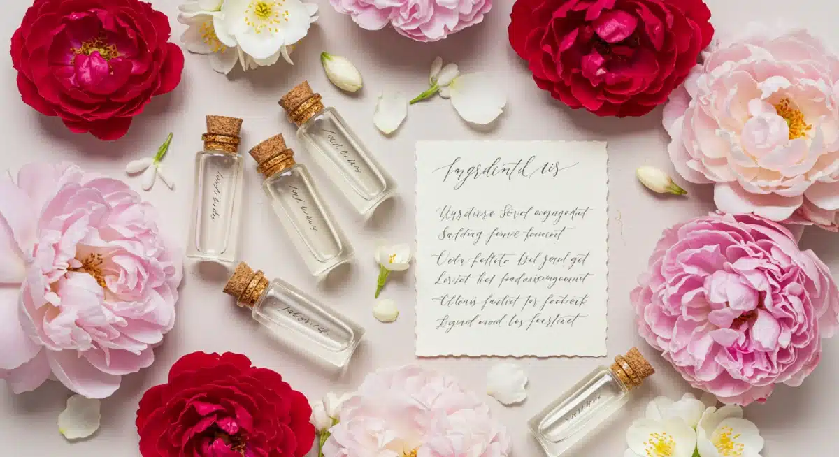 Variedad de flores frescas y muestras de perfume, representando la composición de las fragancias florales.