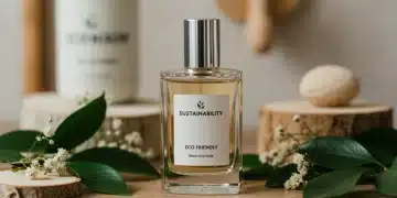 Frasco de perfume sostenible rodeado de elementos naturales, simbolizando la innovación ecológica en la industria española.