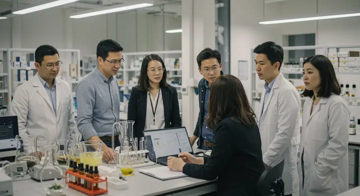 Equipo de científicos y expertos trabajando en laboratorio de perfumes sostenibles, investigando nuevas formulaciones.