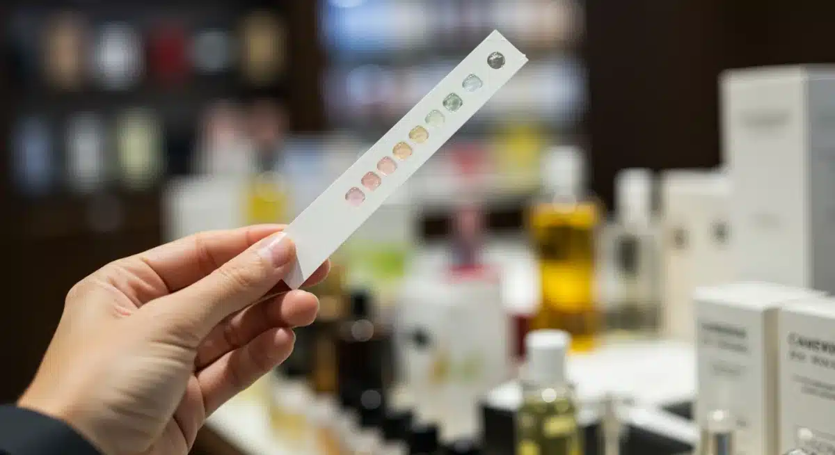 Mano sosteniendo tira de prueba de perfume en perfumería.