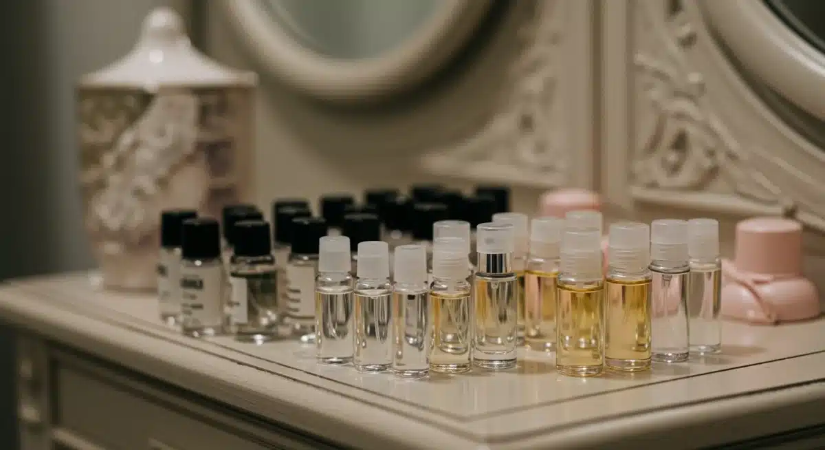 Muestras de perfume y frascos de viaje en un tocador, representando la importancia de probar antes de comprar.