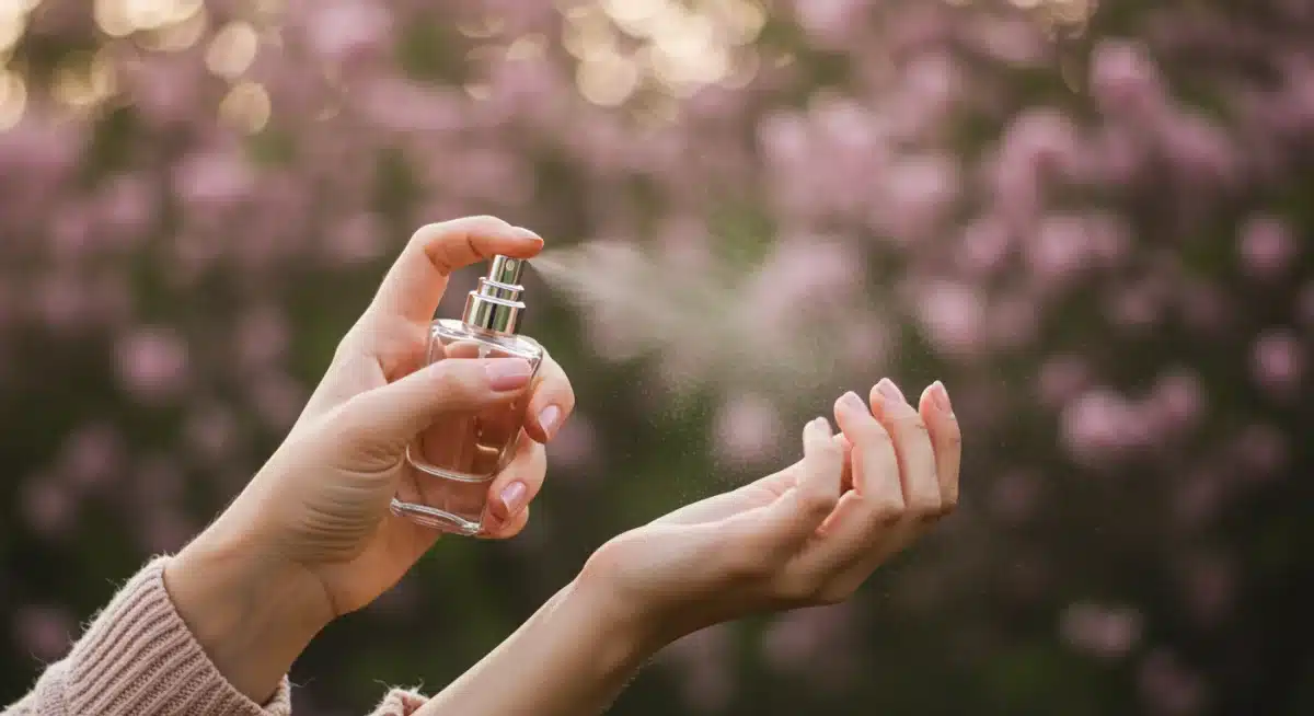 Mujer aplicando una fragancia floral, destacando la delicadeza y la esencia de los perfumes.