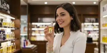 Mujer oliendo un perfume en una perfumería moderna en España, destacando la experiencia de compra.
