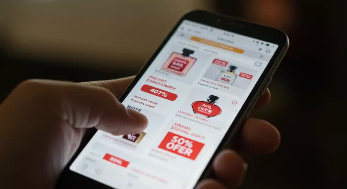 Pantalla de smartphone con ofertas y códigos de descuento para perfumes online, simbolizando el ahorro.