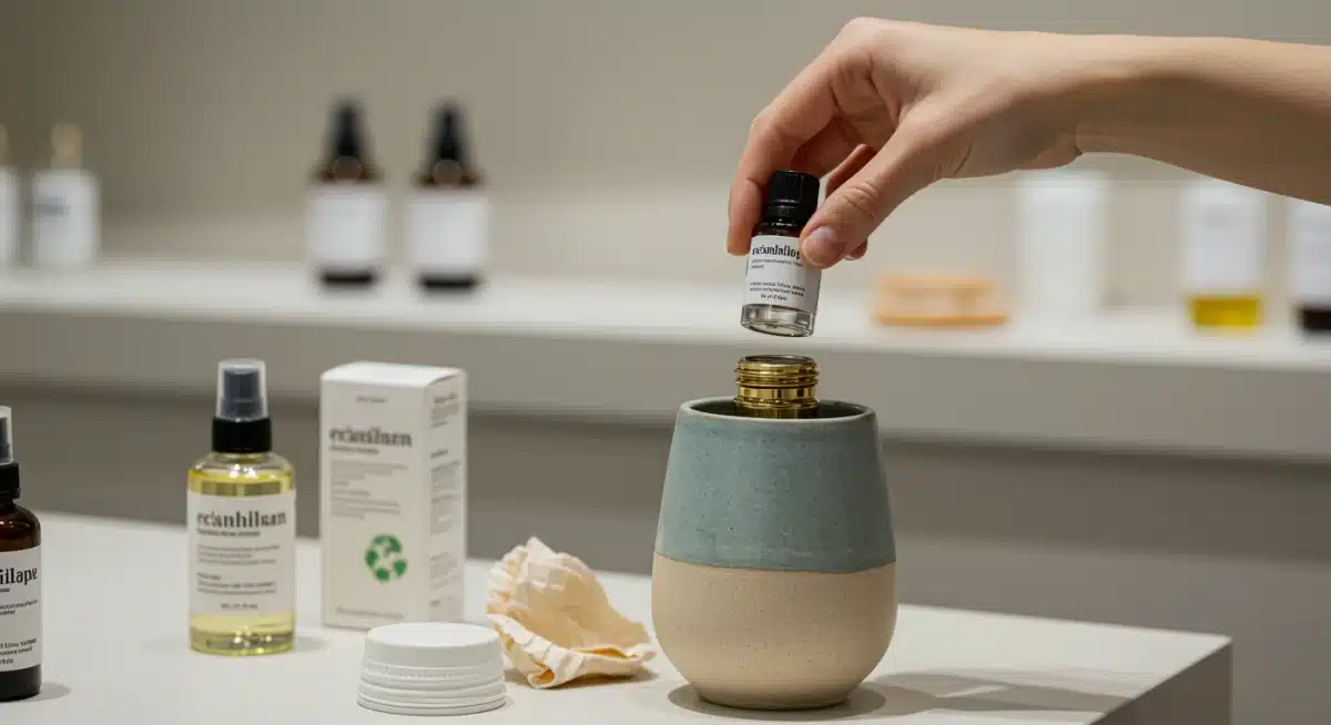 Mano rellenando un frasco de perfume reusable con una recarga sostenible, promoviendo la economía circular en perfumería.