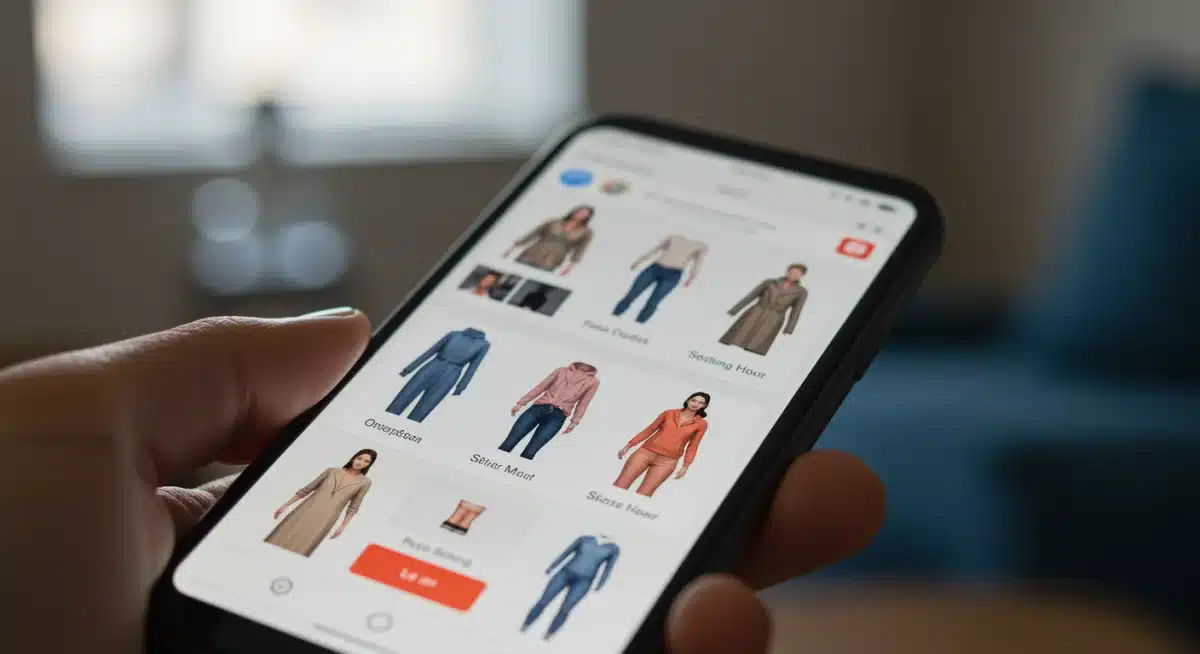 Pantalla de smartphone mostrando recomendaciones de moda personalizadas generadas por inteligencia artificial.
