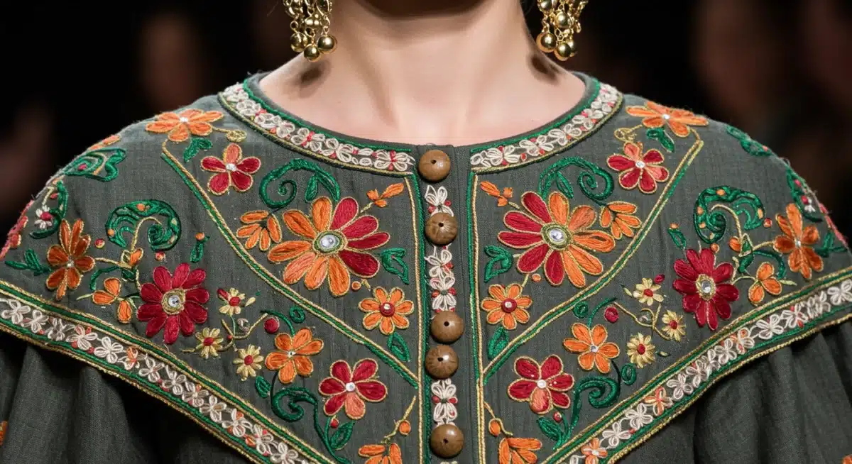 Detalle de bordado artesanal y tejidos sostenibles, reflejo de la tendencia de artesanía renovada en la moda española.