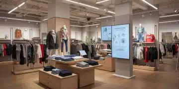 Cliente interactuando con tecnología de IA en una tienda de moda española, probándose ropa y viendo recomendaciones personalizadas.