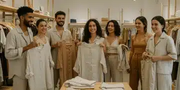 Jóvenes sonrientes comprando ropa sostenible en una tienda moderna y luminosa en España.