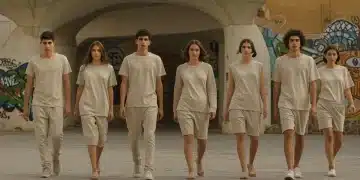 Modelos con ropa genderless en un entorno urbano español, reflejando las tendencias de moda sin género de 2026. Moda Genderless en España.