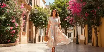 Mujer española elegante con un vestido pastel, caminando por una calle soleada, reflejando las tendencias de moda primavera 2026.