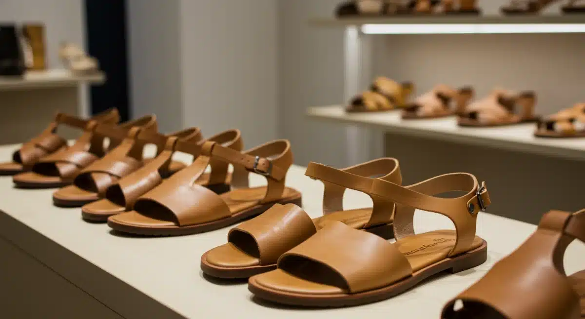 Exhibición de sandalias de cuero clásicas y versátiles en una boutique española.