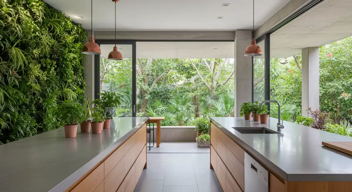 Cocina con elementos de diseño biofílico, jardín vertical y mucha luz natural, conectando con la naturaleza.