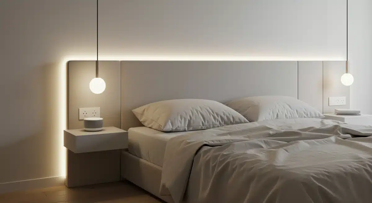 Dormitorio minimalista con iluminación inteligente y textiles orgánicos, enfocado en el bienestar.