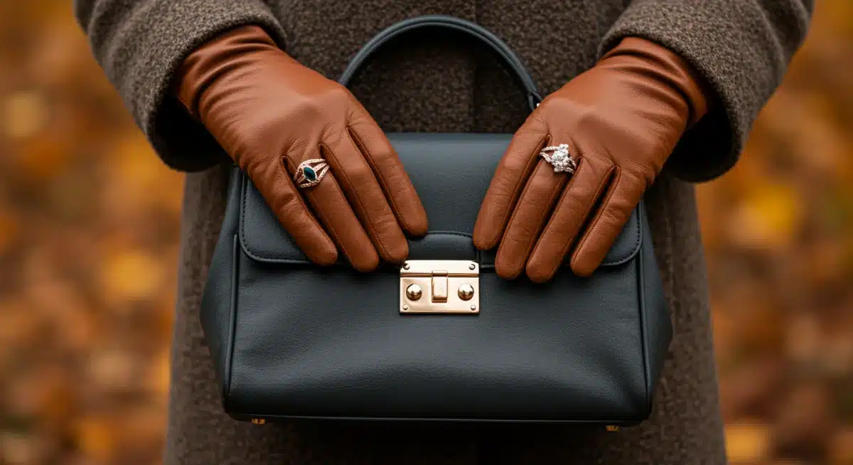 Detalle de guantes de cuero y bolso de diseño, accesorios clave para el otoño 2026.
