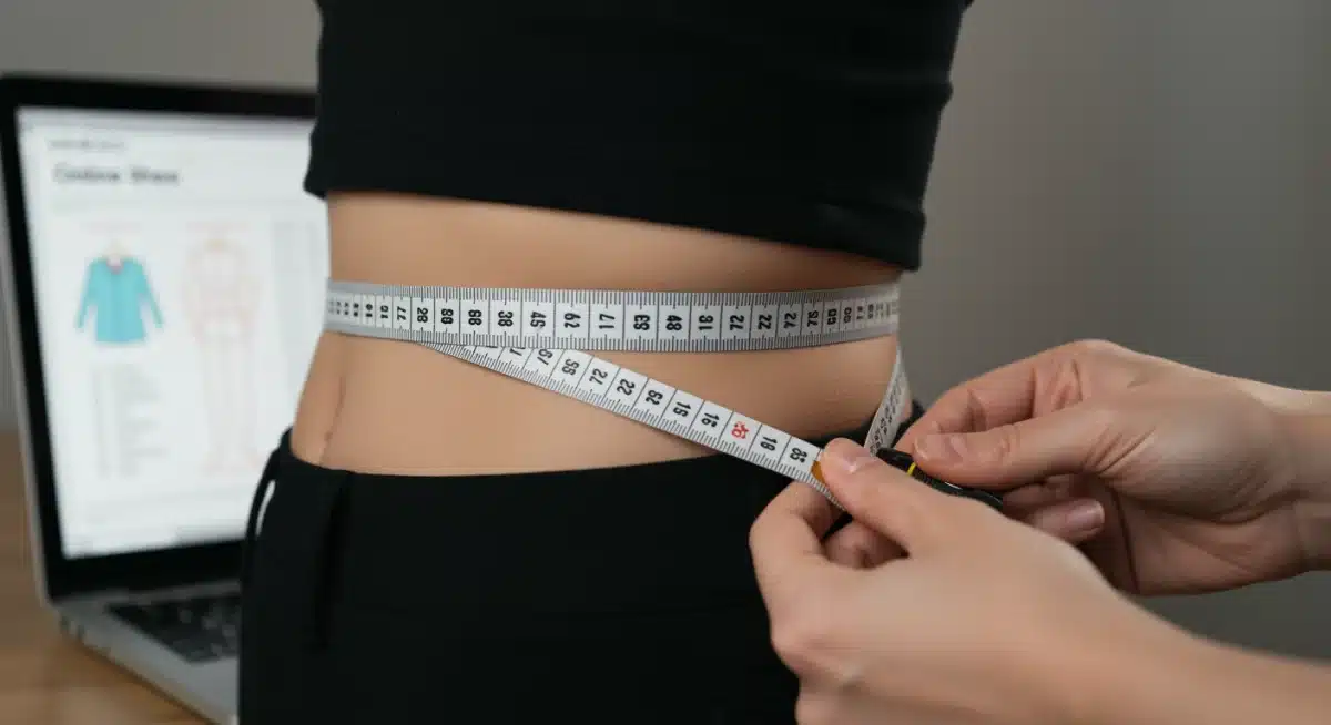 Mano midiendo cintura con cinta métrica, comparando con tabla de tallas online.
