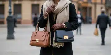 Mujer elegante con accesorios de otoño en una calle española, luciendo las tendencias de 2026.