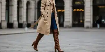 Mujer elegante con gabardina clásica y botas de cuero caminando por una calle urbana
