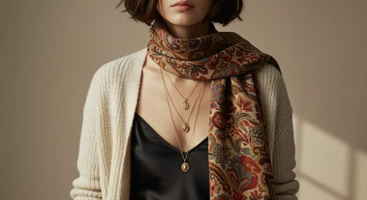 Modelo luciendo un pañuelo estampado y collares delicados, tendencia de accesorios otoño 2026.