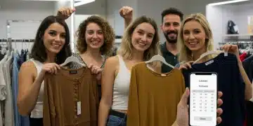 Personas diversas probándose ropa, consultando una guía de tallas en España para comprar online.