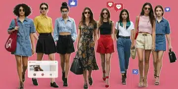 Impacto de las redes sociales en las tendencias de moda española, con jóvenes y elementos digitales.