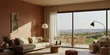 Salón moderno y sostenible en una vivienda española, con materiales naturales y tecnología integrada.