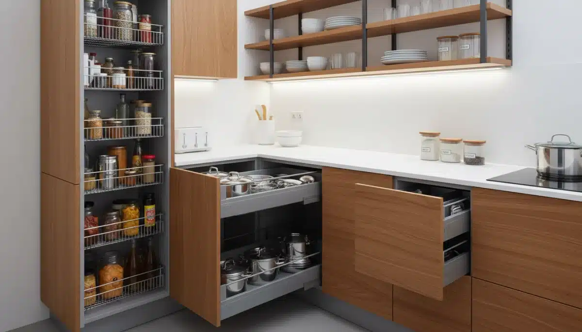 Soluciones de almacenamiento inteligentes en una cocina, con despensas extraíbles y cajones esquineros para máxima organización.
